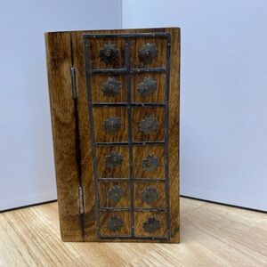 Wooden Storage/Trinket Box Book Shaped  Metal Embellished Rustic 10”x6”x3”